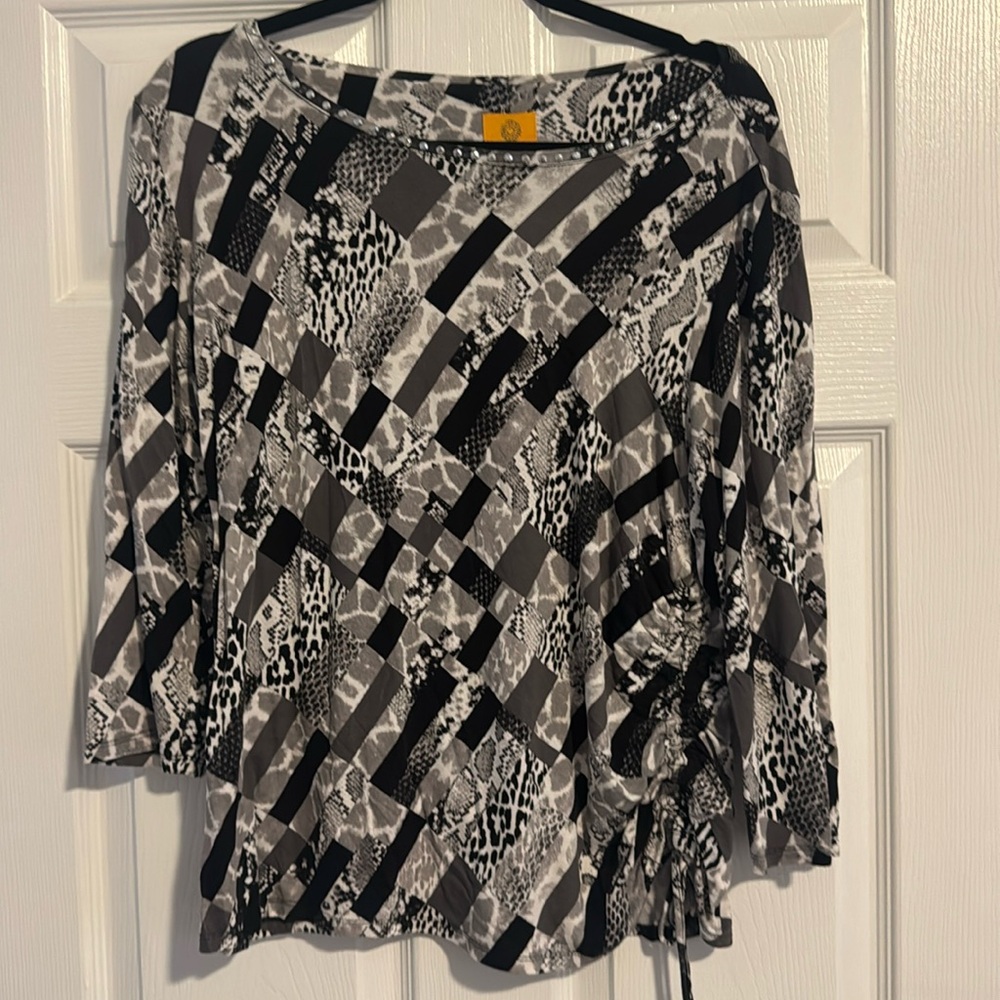 Ruby Rd. Womens Black Print 3/4 Sleeve Pullover Blouse Top Size XL